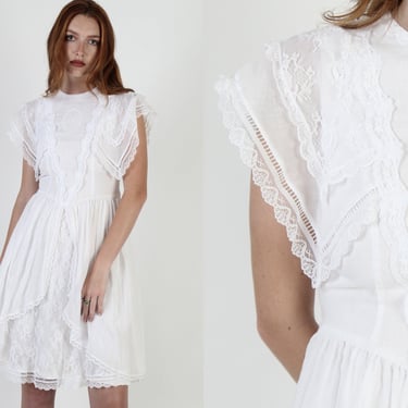 80s All White Gunne Sax Dress / 1980s Romantic Floral Lace Dress / Bridal Tea Party Lawn Dress / Full Layered Saloon Apron Skirt 