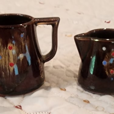 Vintage Redware Drip Glazed Brown miniature measuring pitchers 