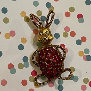vintage rabbit brooch 1950s red jewel belly rhinestone bunny pin 