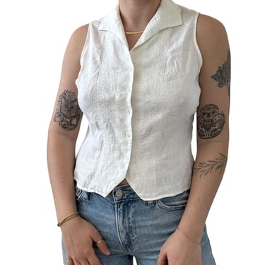 Vintage Valerie Stevens 100% Linen White Sleeveless Button up Blouse Petite M 