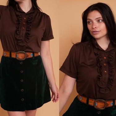 Vintage 70s Chocolate Brown Jabot Ruffle Button Up Blouse 