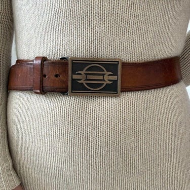 Vintage Tech Ether Guild 1979 Avatar Solid Brass Buckle Brown Leather Retro Belt 