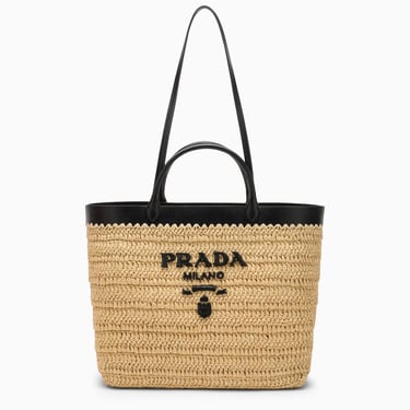 Prada Large Tote In Raffia And Black Leather With Logo Women