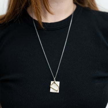 Textured Sterling Silver and Brass Open Geometric Shape Pendant Necklace