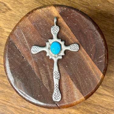 Sterling Silver Cross Pendant Bezel Set Turquoise Native American Handmade LL 