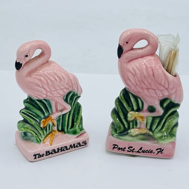 Vintage Set of (2)  of Cute Pink Flamingo Toothpick Holders Florida and Bahamas Fun Collectible-3 1/2" 