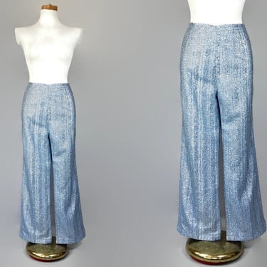 VINTAGE 60s Blue and Silver Metallic Lurex Tinsel Space Age Flared Pants | 1960s MOD Metallic Cocktail Party Pants | VFG 