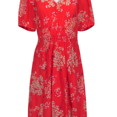 Rebecca Taylor - Red w/ Cream & Orange Floral Print Smocked Waist Dress Sz 2