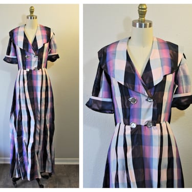 Vintage 40s 1950's Pink Plaid Taffeta Navy Dressing Gown Robe House dress Lounging Coat // modern xs s US 2 4 6 