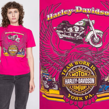 90s Harley Davidson York Pennsylvania Hot Pink T Shirt Small | Vintage Motorcycle Bald Eagle Graphic Tee 