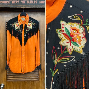 Vintage 1950’s Original “H Bar C” Orange Western Cowboy Rayon Gabardine Fringe Rockabilly Shirt, 50’s Vintage Clothing 