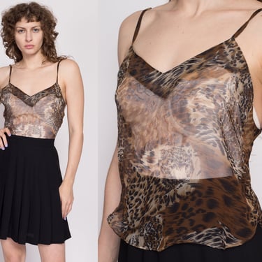 Vintage Sheer Leopard Camisole - Small | 70s 80s Animal Print Slip Lingerie Cami Top 