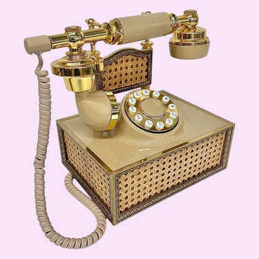 Vintage Telephone Retro 1970s French Provincial Style + NOT TESTED + Beige and Gold + Plastic/Metal/Cane Design + Push Buttons + Home Decor 