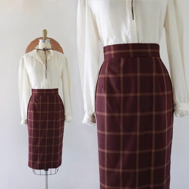 wool check library skirt - 28 - vintage 90s womens size 6 small mulberry knee classic academia prep school fall plaid 