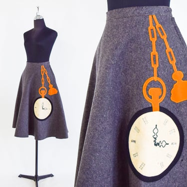 1950s Gray Felt Swing Skirt | 50s Gray Circle Skirt | Clock Swing Skirt | Sock Hop Skirt | Small 