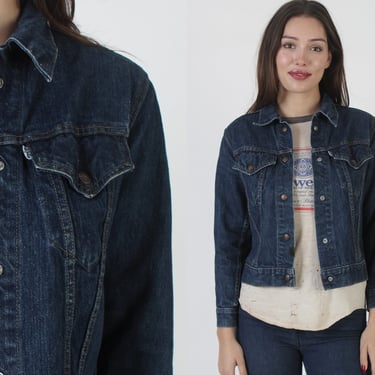 Vintage 70s Womens Levis Denim Jacket, Soft Worn Blue Cropped Jean Coat, Snap Up Short Dark Indigo 