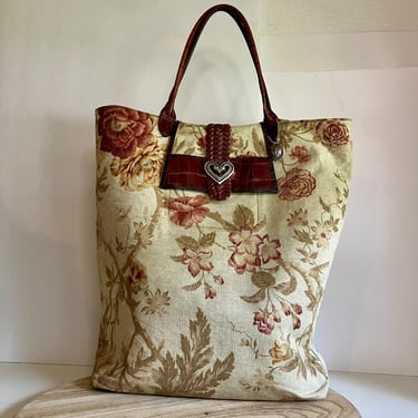 Vintage Brighton Floral Tapestry Fold Up Leather Handle Heart Charm Tote Bag 