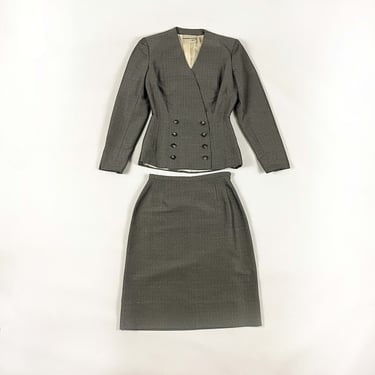 Rare 1940s Pauline Trigere Grey Double Breasted Skirt Suit / Sculptural / 40s / Frances Wright / Sharkskin / Small / Noir / Vamp / Museum / 