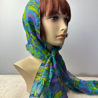 60’s 70’s vintage scarf~green & purple geometric shapes Mod groovy Sheer head scarves neck scarf Large long rectangular 