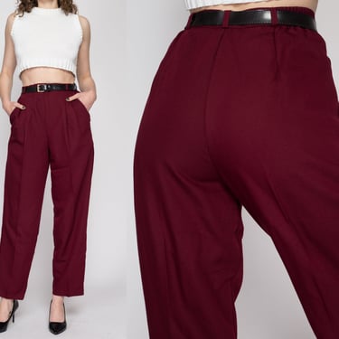 Med-Lrg 80s Maroon Belted Trousers NWT 28"-31" | Vintage High Waisted Pleated Tapered Leg Pants 