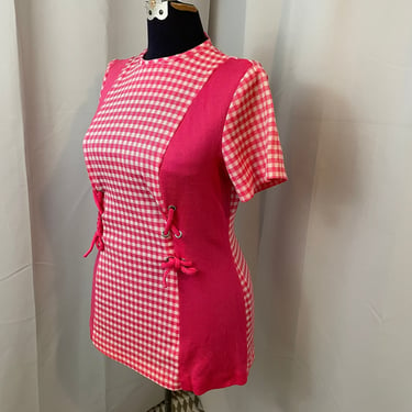 70s Vintage Micro Mini Dress Tunic pink white gingham L 