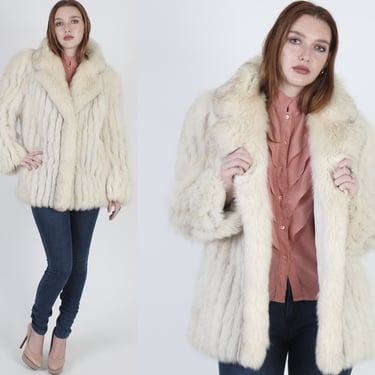 Arctic Fox Fur Coat / Real Fur Jacket With Pockets / Vintage 80s Off White Suede Inlay / Corded Chubby Shawl Collar 
