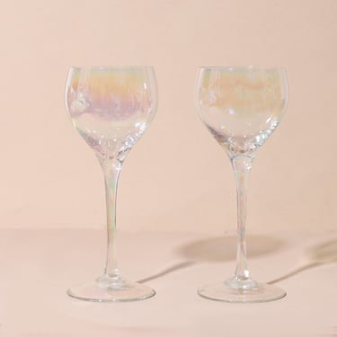 Set of Two Iridescent Wine Glasses, Vintage Stemware 