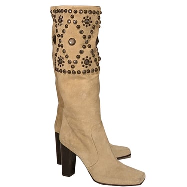 Dolce & Gabbana - Beige Suede Studded Trim Boots Sz 8