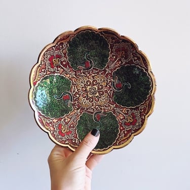 Vintage Indian Brass and Enamel Peacock Dish 