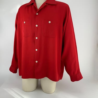 1940's Gabardine Shirt - Vivid Red Rayon - MANHATTAN LABEL  - Patch pockets - Loop Collar - Men's Size Large 