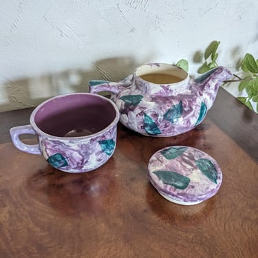 90s Vintage Purple Floral Leaves Ceramic Hand Painted Tea Pot and Cup Set 