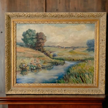 20 x 24" Framed landscape oil painting of stream and countryside. Original vintage artwork ready to hang 