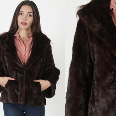 Feathered Dark Brown Mink Coat / Vintage 70s Real Fur Cropped Jacket / Patchwork Full Collar Overcoat With Pockets 