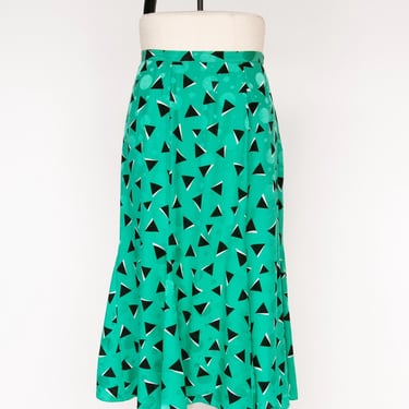 1980s Silk Skirt Emerald Printed M 