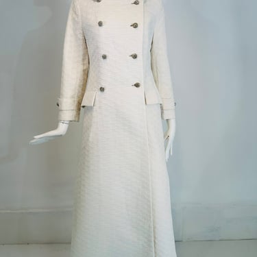 Saks Fifth Avenue 1970s White Cotton Jacquard Double Breasted Evening Coat 6