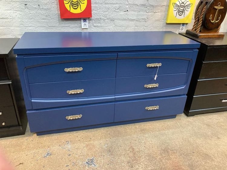 Sweet details in dresser form! Blue painted mid century 6 drawer dresser 58.5” x 20” x 32.5” Call 202-232-8171 to purchase