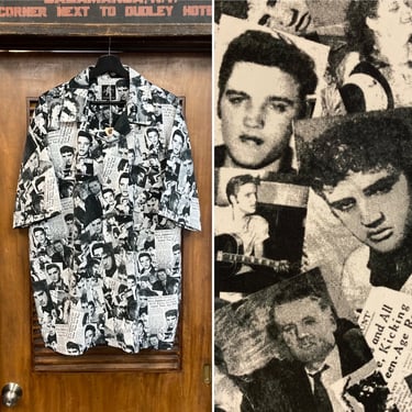 Vintage 1990’s Size XL “Dragonfly” Label Elvis Presley Poly Photoprint Short Sleeve Newspaper Design Shirt, 90’s Vintage Clothing 