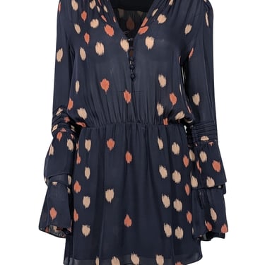 Parker - Navy w/ Neutral Dot Print Silk Bell Sleeve Dress Sz M