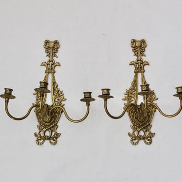 Vintage Russian Style Brass Ornate Three Candle Candelabra Wall Sconce-a pair 