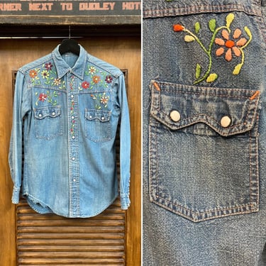 Vintage 1960’s Denim Sawtooth Pocket Hippie Embroidery Shirt, 60’s Work Shirt, Vintage Clothing 