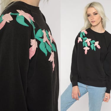 Black Floral Sweatshirt 80s Flower Applique Shirt Vintage Raglan Sleeve Sweater Retro Kawaii Graphic Pullover 1980s Slouchy Hanes Large L 