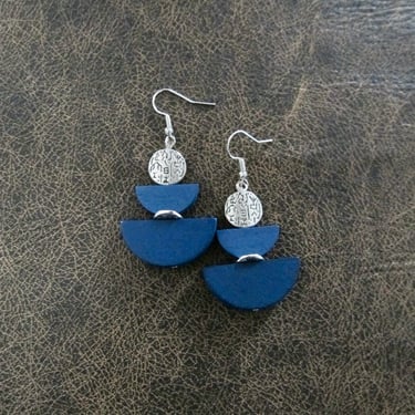 Blue geometric earrings, wood earrings, mid century modern earrings, Art Deco earrings, bold statement, unique earrings, artisan earrings 