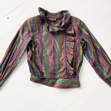 1980s Rainbow Metallic Striped Shirt with Ruffled Collar and Trim 