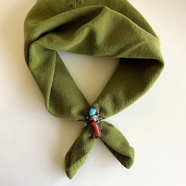 Vintage Green Cotton Embroidered Leaf Square Lightweight Bandana Neck Tie 