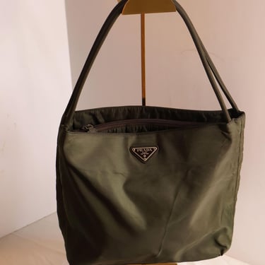 Vintage PRADA Green Nylon Tessuto Double Pocket Shopper Tote 90s Y2K Monogram Logo Shoulder Bag Minimal 