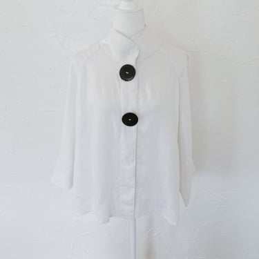 80s/90s White Linen and Large Black Button Two Toned Blouse | Large/Extra Large 