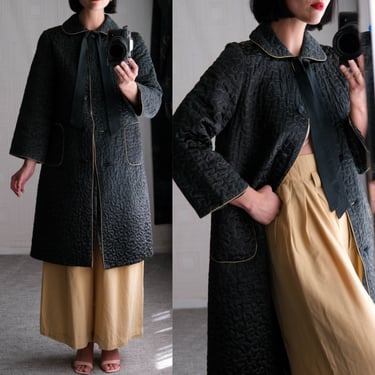 Vintage 40s Black Silky Satin Buttoned Robe w/ Cream Swirl Embroidery | Silk, Sateen, Pockets, Neck Tie | 1940s Designer Peignoir House Coat 