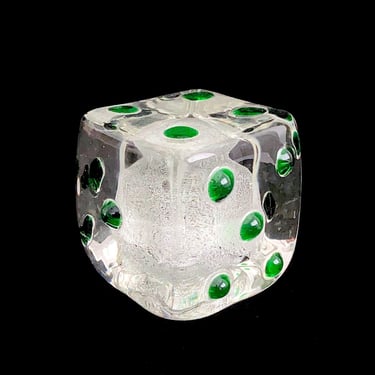 Vintage Large Art Glass DIE ( One Dice) in Clear with Green Bubble Dot Numbers and Silvery Gold Dust Center 