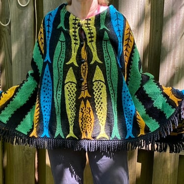 Vintage Sherry Terry Cloth Fish Swim Pancho With Fringe, Beach Pool Coverup Pancho Towel, Retro Miami Fish Swim Wear, Black Multi Color 