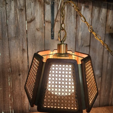 Vintage Mid Century Swag Lamp with Wicker Shade and Light Dimmer 15.75 x 13